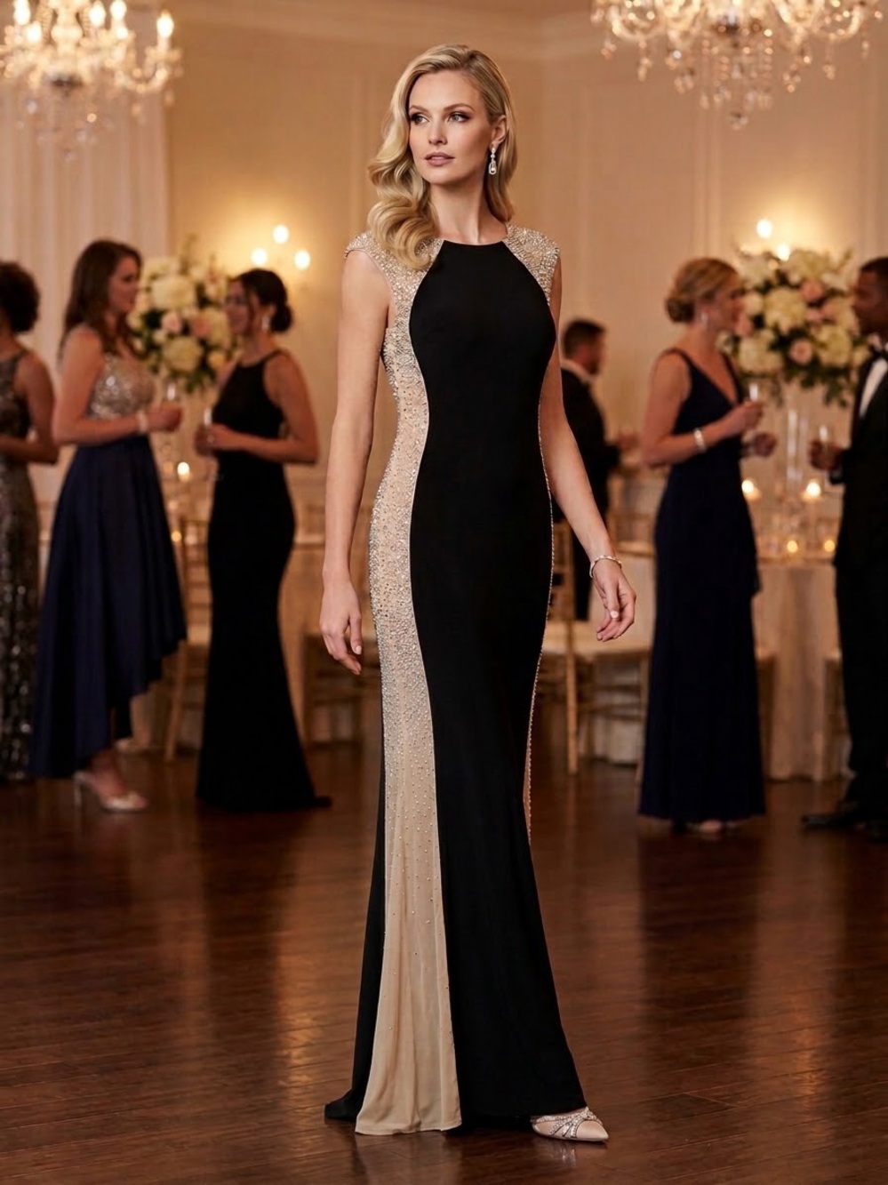 Macy's Black and Champagne Elegant, Never Worn, Size 8P Evening Dress